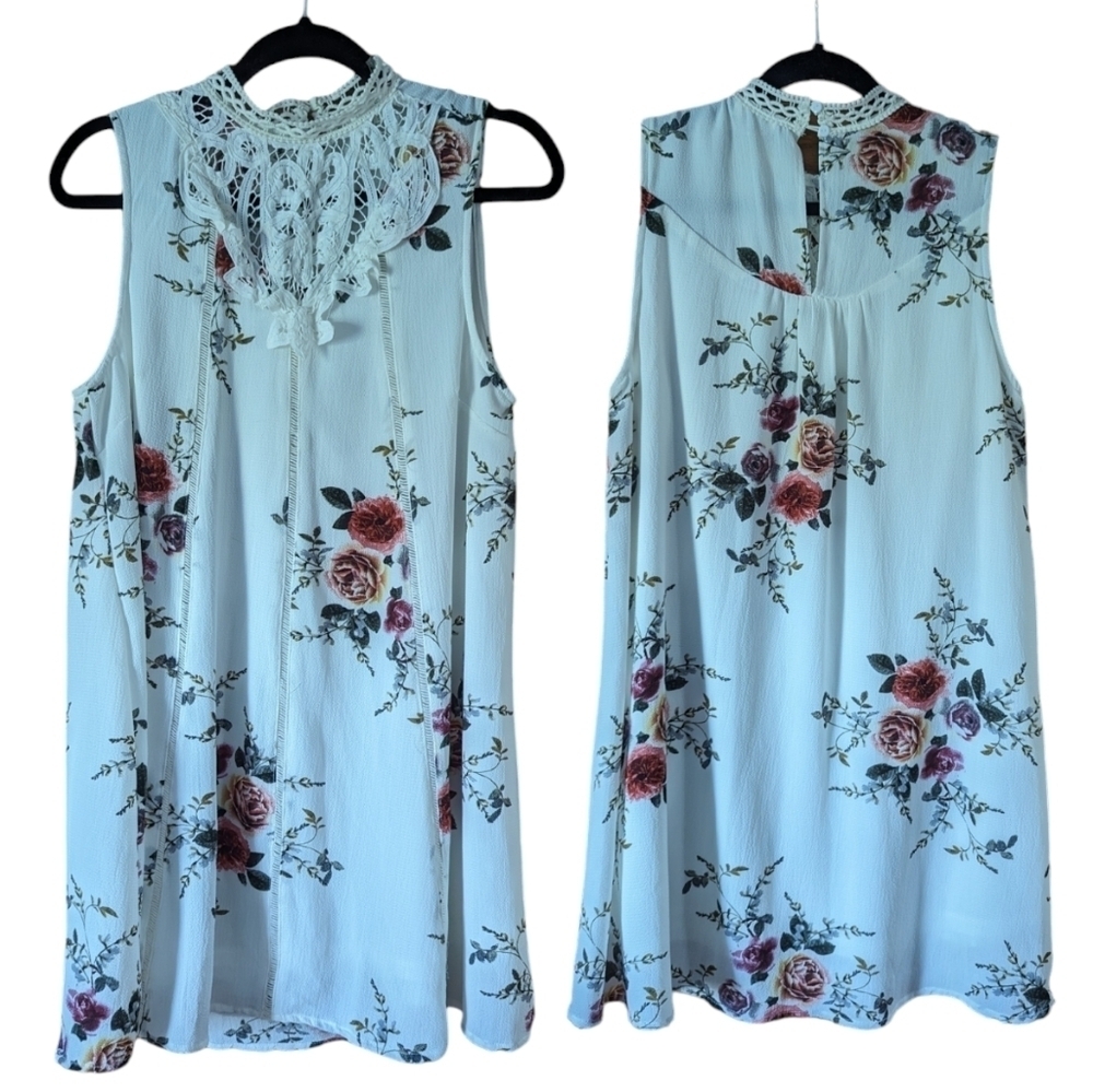 Umgee Women's Flower Print High Neck Sleeveless Dress Chiffon Lace Loose Summer